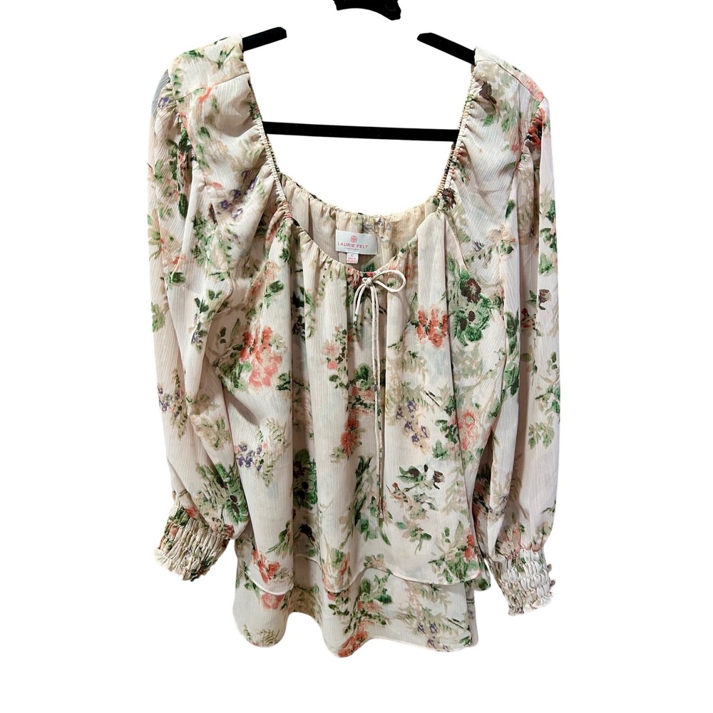 Laurie Felt Los Angeles Floral Peasant Blouse Square Neck Smocked Cuff XL Pink